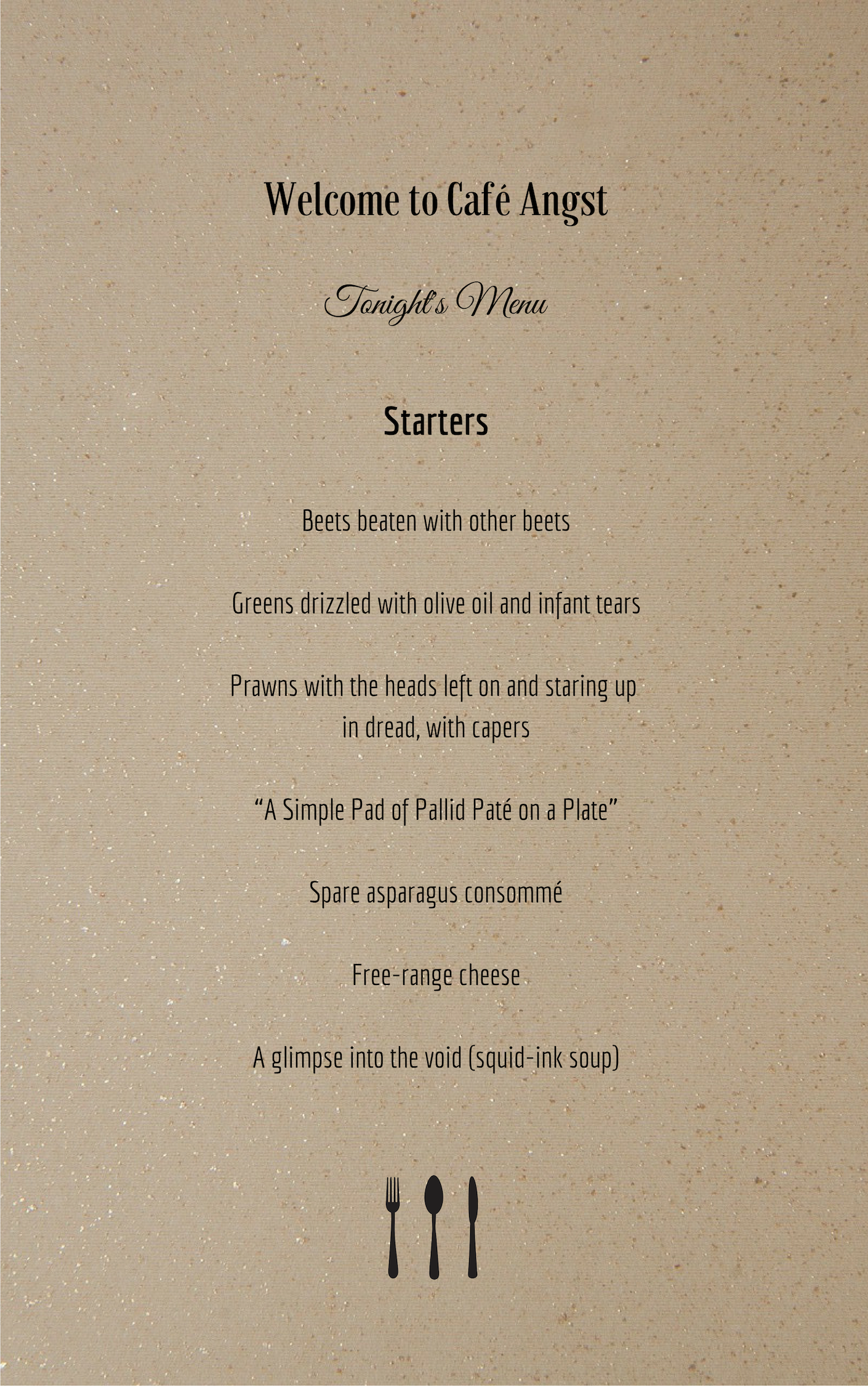 Welcome to Café Angst ~ menu by Chas Hawthorne – The Disappointed Housewife